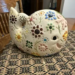 Vintage Retro Kitsch Flower Power Hand Painted Ceramic Whale Shaped Bank Mcm 72
