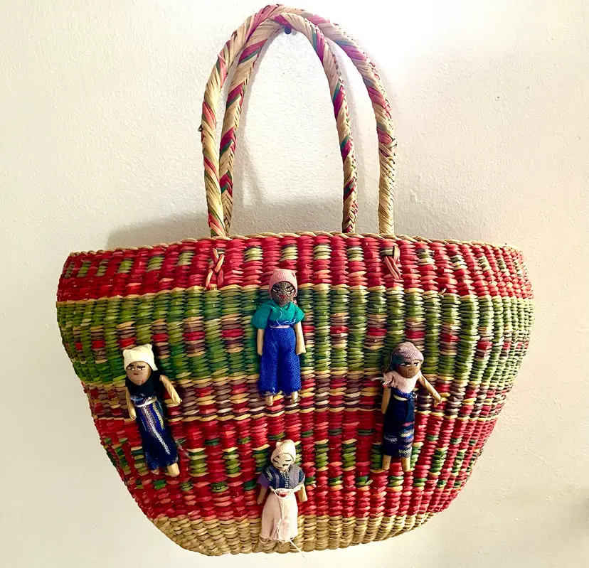 VTG Handwoven Raffia Large Market Tote Beach Bag W/ Applied Worry Dolls Kitschy