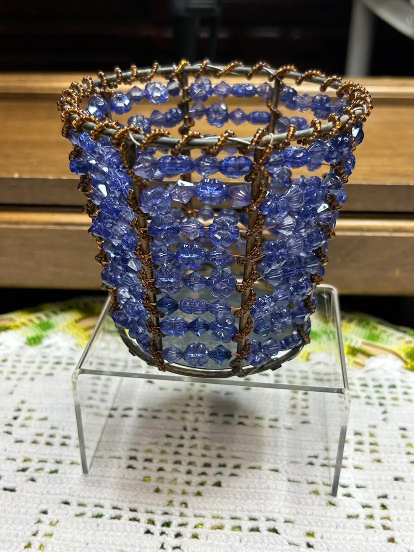 **Vintage Copper Bottom Crafted Basket Made With Cobalt And Brown Glass Beads.