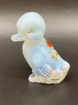Fenton Opalescent Art Glass Baby Duck Figurine Hand Painted Strawberries Signed Lisa C