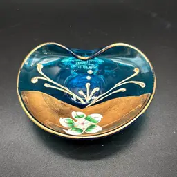 Italian Teal Glass Enamel And Gold Painted Single Fold Trinket Dish