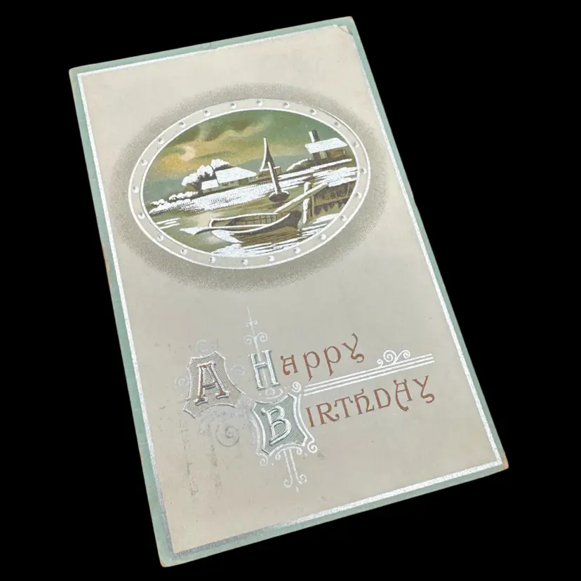 “A Happy Birthday” Frozen Pond Row Boat Antique Postcard, Posted 1912