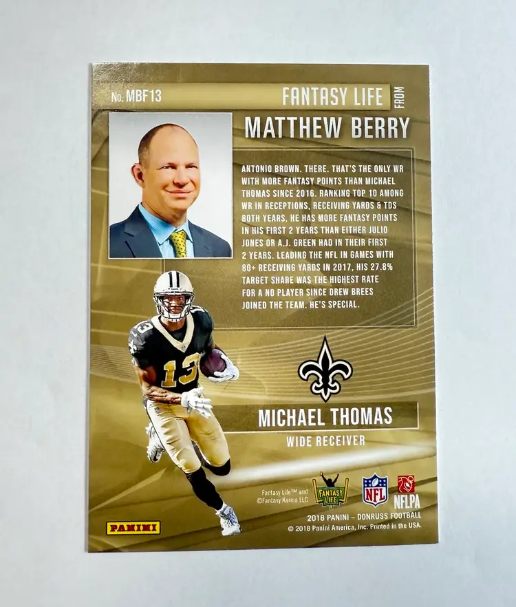 MICHAEL THOMAS 2018 PANINI DONRUSS FANTASY LIFE INSERT MATTHEW BERRY SAINTS