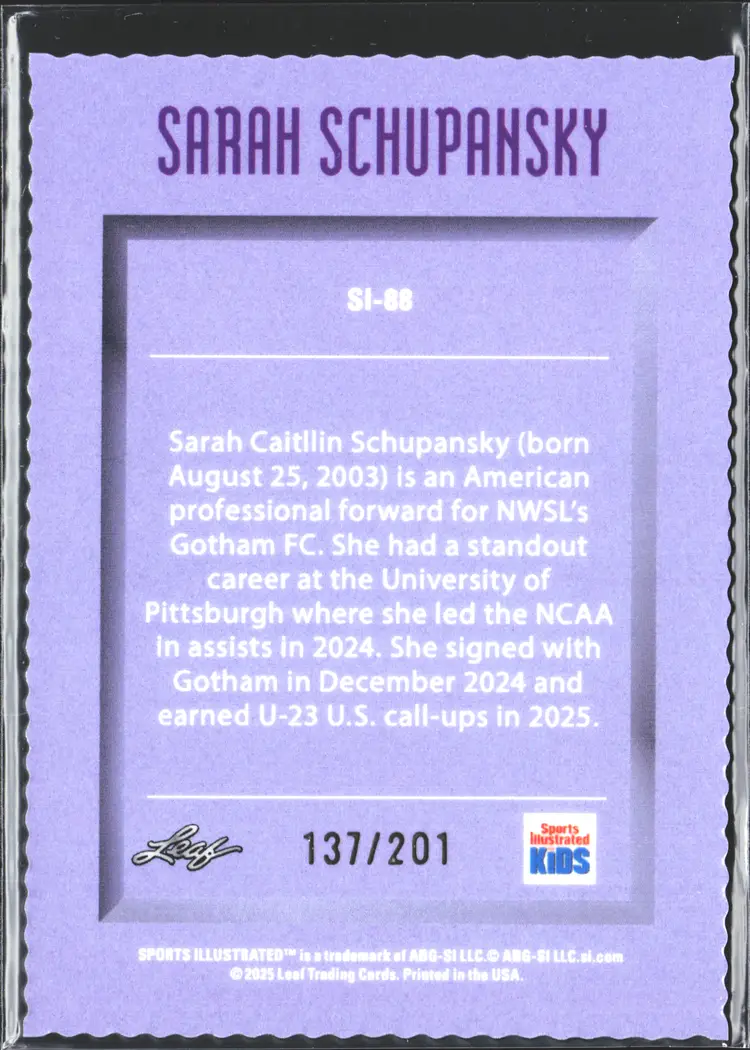 Sarah Schupansky Soccer Card Short Print /201 Leaf Sports Illustrated Kids METAL Limited Edition