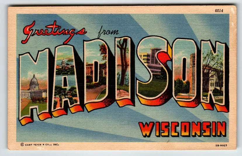 Greetings From Madison Wisconsin Large Letter City Postcard Curt Teich Unused