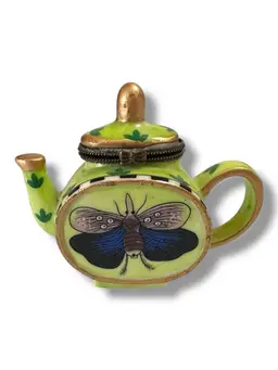 027. Vintage Hinged Porcelain Moth Teapot Trinket Box.