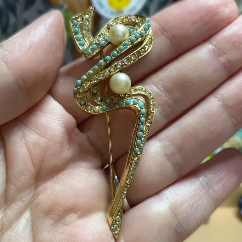 Vintage ART Brooch, Pearl & Turquoise Micro Beads 3”