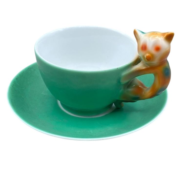 Art Deco Beyer and Boch Cat Handle Porcelain Teacup and Saucer Antique