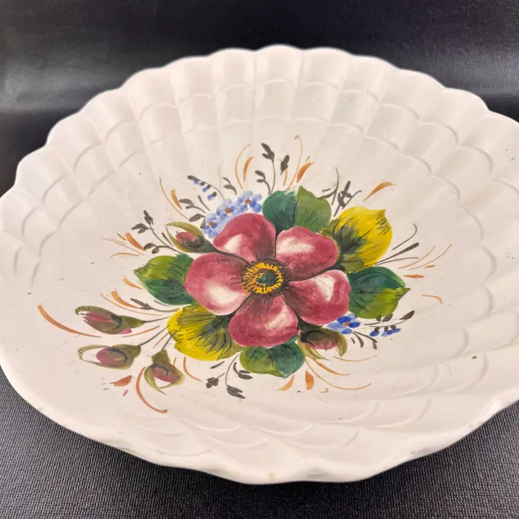 Vintage Italian Pottery Large Scalloped Edge Bowl Hand Painted Florals Italy