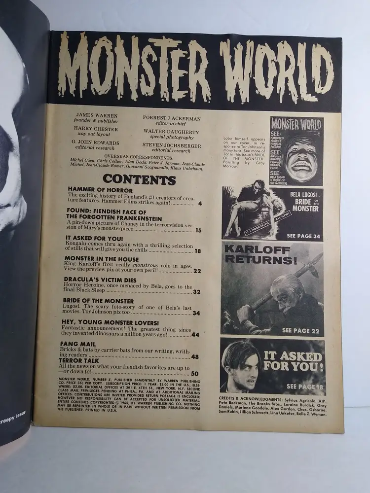 Monster World Magazine Oct 1965 #8 Karloff Lugosi Hammer Films Warren Horror