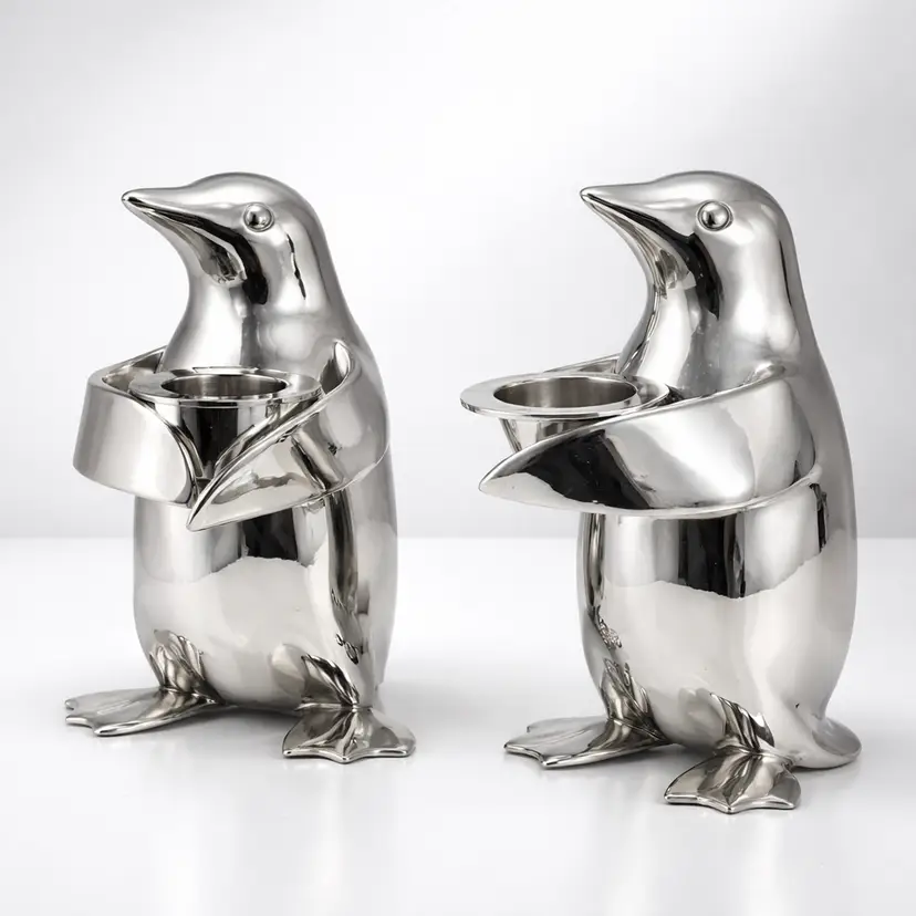 2 Art Deco Vintage Silver Plated Penguin Candle Holders by Restoration Hardware