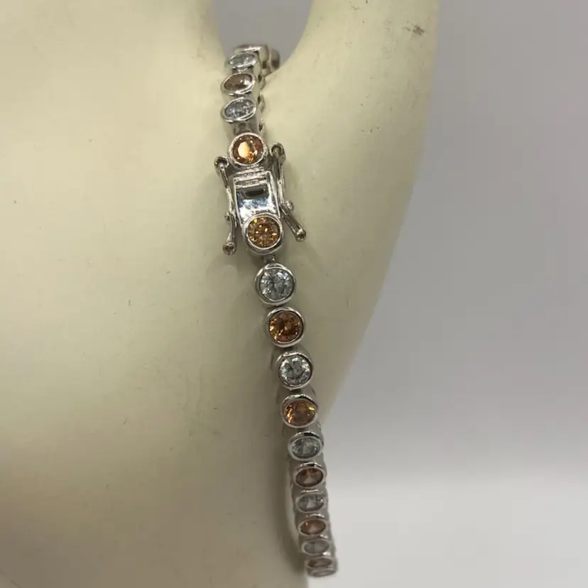 Silver toned Rhinestone Bracelet, Orange And Clear, No Makers Markings