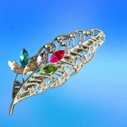 Marked, “NS  FRANCE CLIP” Silver Tone Leave Barnett With White  And Colorful Rhinestones 2 3/4” L  X  1”