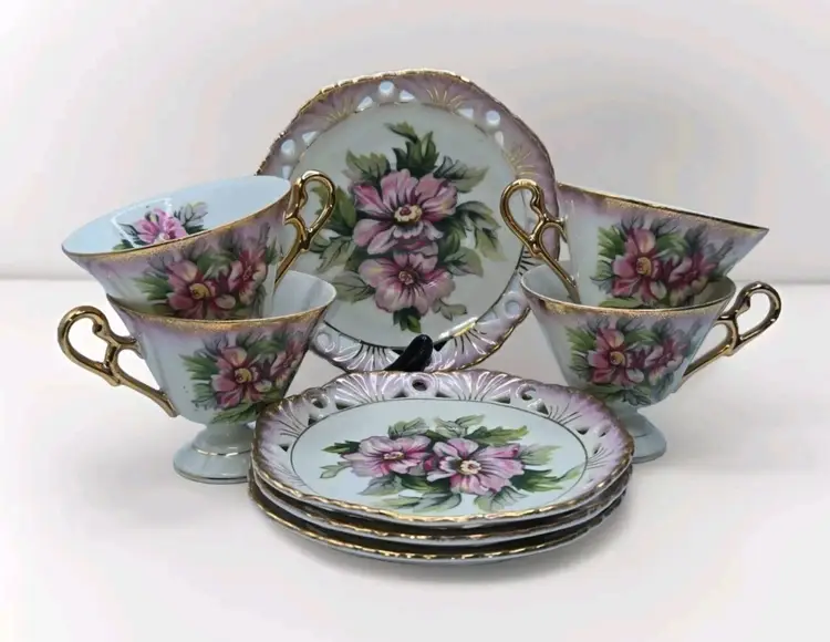 1960s LEFTON Japan S/4 Hand Painted Floral Footed Cup/Reticulated Saucer 801 EUC