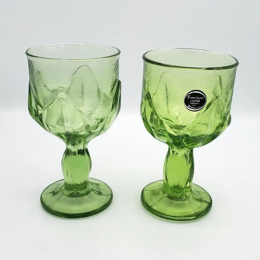 Pair of Franciscan Tiffin Green Crystal Cabaret Wine Goblets USA 1970's