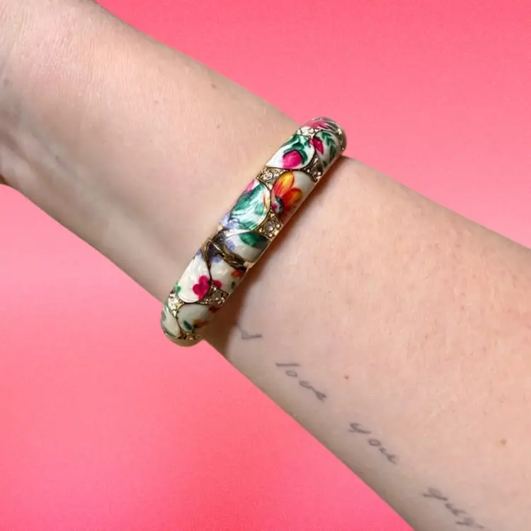Vintage Gold Tone Enamel & Rhinestone Bangle Bracelet, Hinged, Floral Pattern