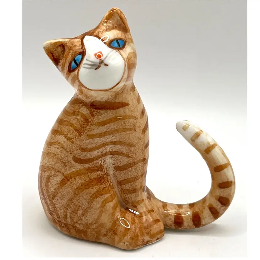 Hand Painted Bone China Orange Striped Tabby Cat Blue Eyes Figurine 3 in