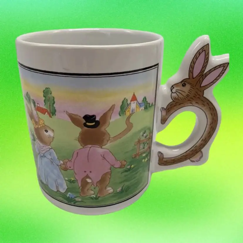 Set Of  2 Bunny Easter Coffee Tea Mugs With Bunny Handles