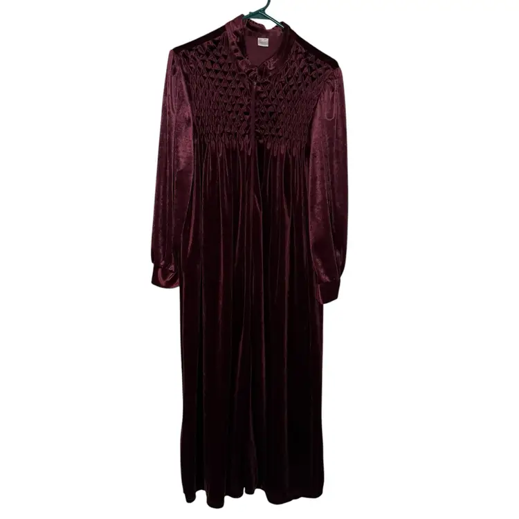 Vintage Burgundy Velour Long Robe Zip Dress House Coat Large Smock Yoke Pockets