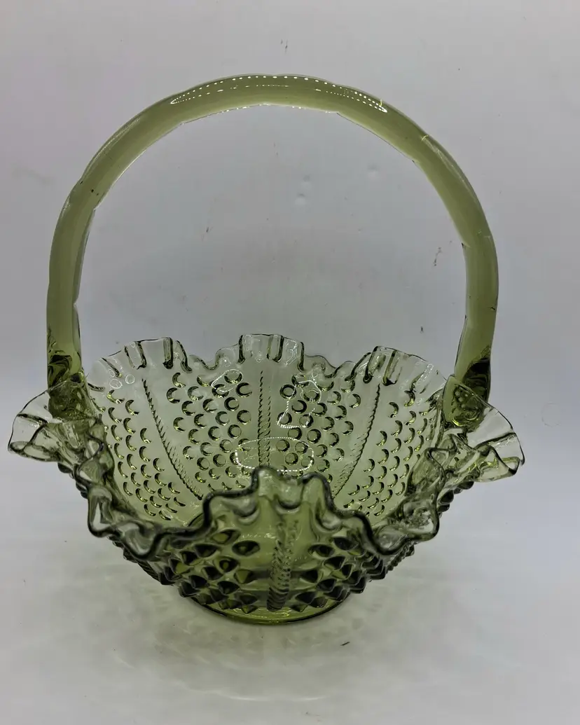 Vintage Fenton Citrine Olive Green Basket with Ruffled Edge and Handle @8: