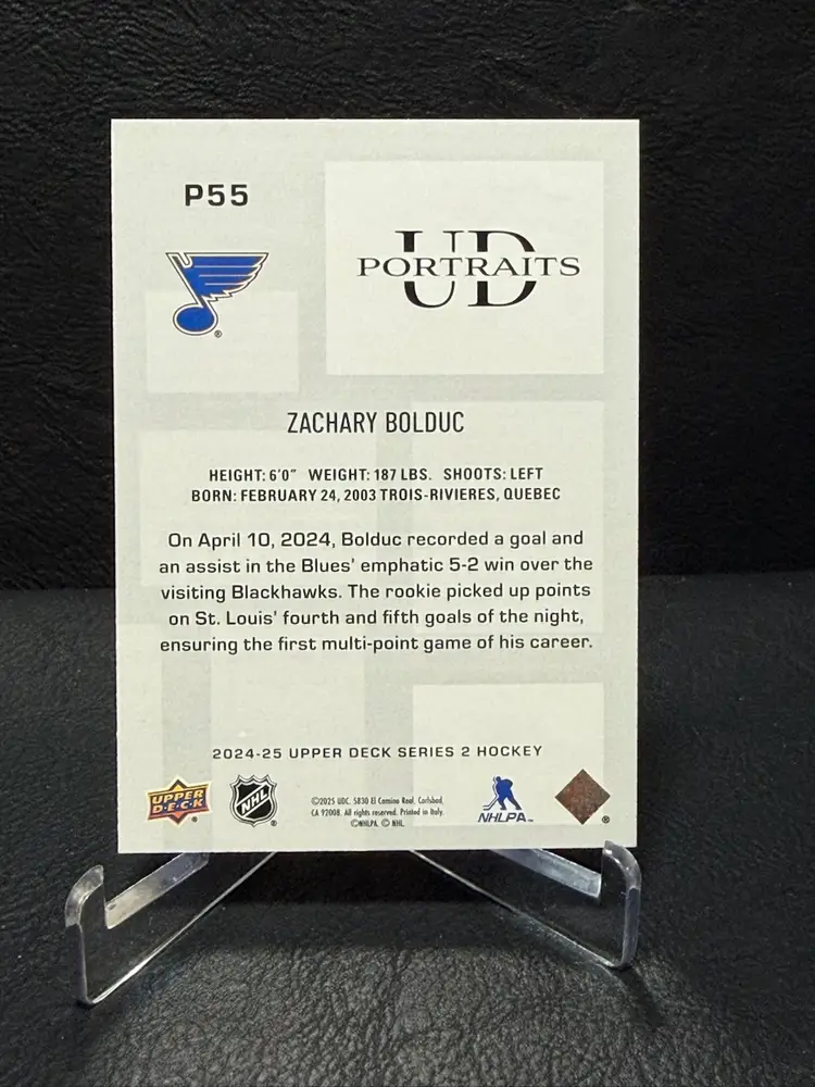 Zachary Bolduc 2024-25 Upper Deck #P-55 St. Louis Blues UD Portraits Hockey Card