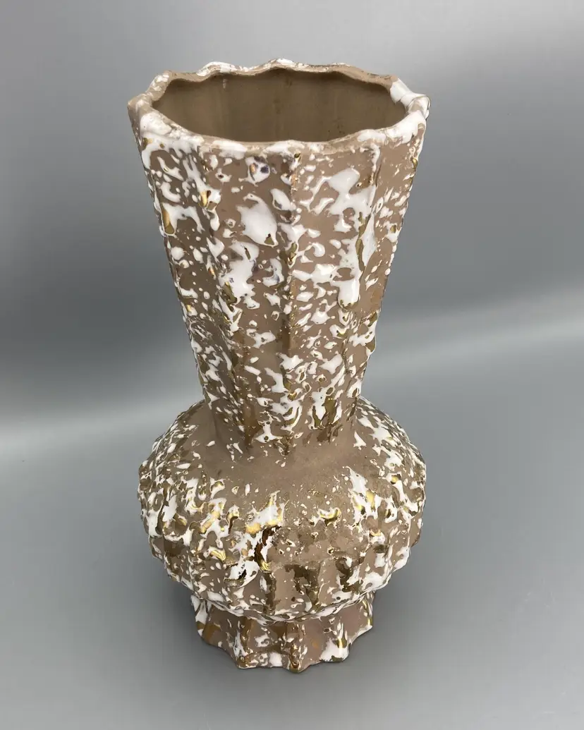 Savoy 24K Weeping Gold & White Splatter Hand Crafted Textured Pottery Vase - Vintage