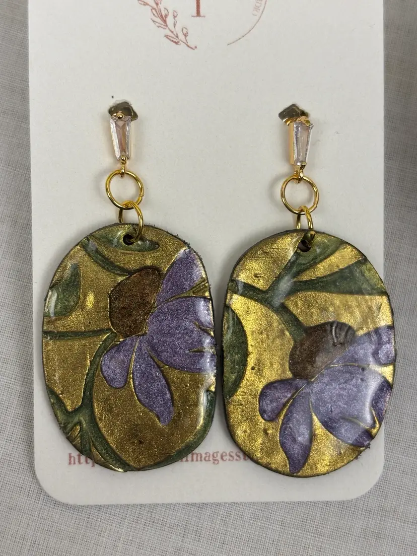 Handmade Cloisonné Style Floral Polymer Clay Earrings Purple Gold