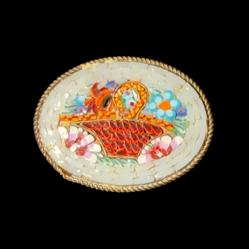Rare Italian Micro Mosaic Floral Basket Brooch White Ground Brass Italy Vintage