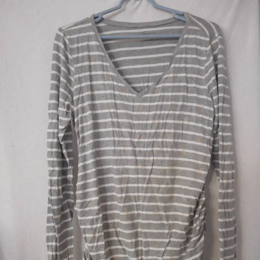 Maternity Motherhood Sz L t-shirt Ruched sides gold polka dot Grey white striped