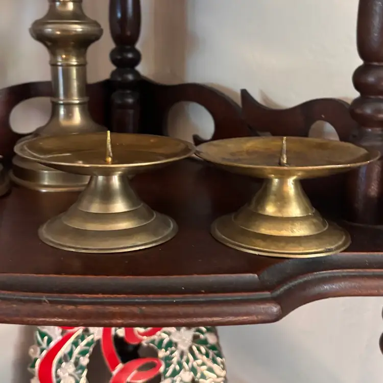 Vintage Short Solid Brass Pillar Candlestick Pair