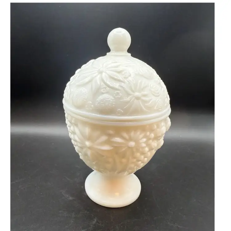 Vintage Avon White Milk Glass Floral Pedestal Candy Dish With Lid