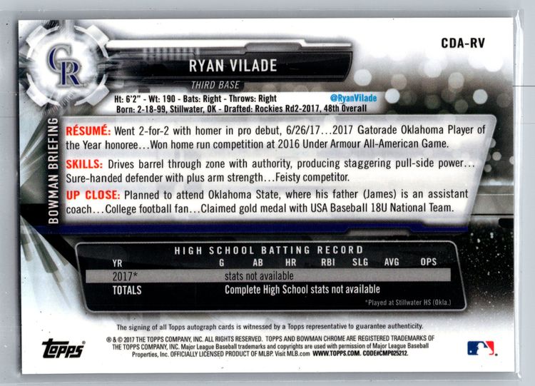 ​Ryan Vilade 2017 Bowman Chrome 1st Bowman AUTO CDA-RV Colorado Rockies
