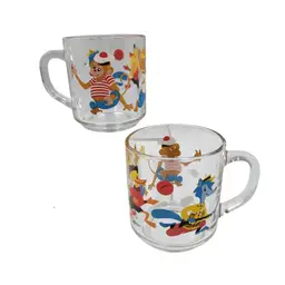 Set Of Two Vintage Arcoroc France Glass Mugs Cartoon Animals Monkey Duck Rabbit Fox