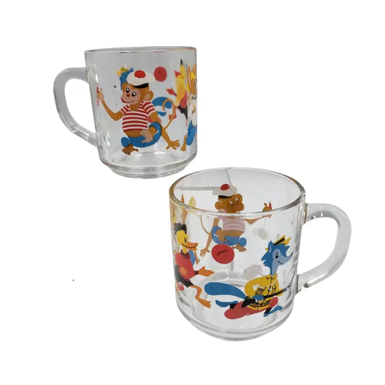 Set Of Two Vintage Arcoroc France Glass Mugs Cartoon Animals Monkey Duck Rabbit Fox