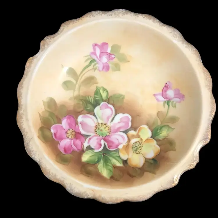 Early 1900s Hand-Painted Dogwood Floral Bowl 9.25" dia