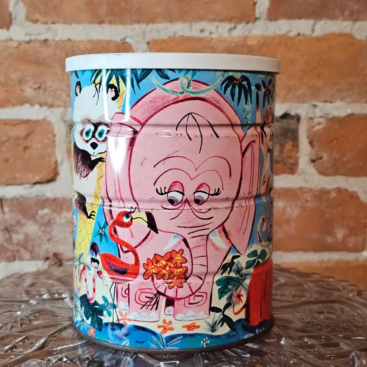 Vintage Folger's Coffee Kitschy MCM Jungle Animals Large Coffee Can Tin with Lid Insert