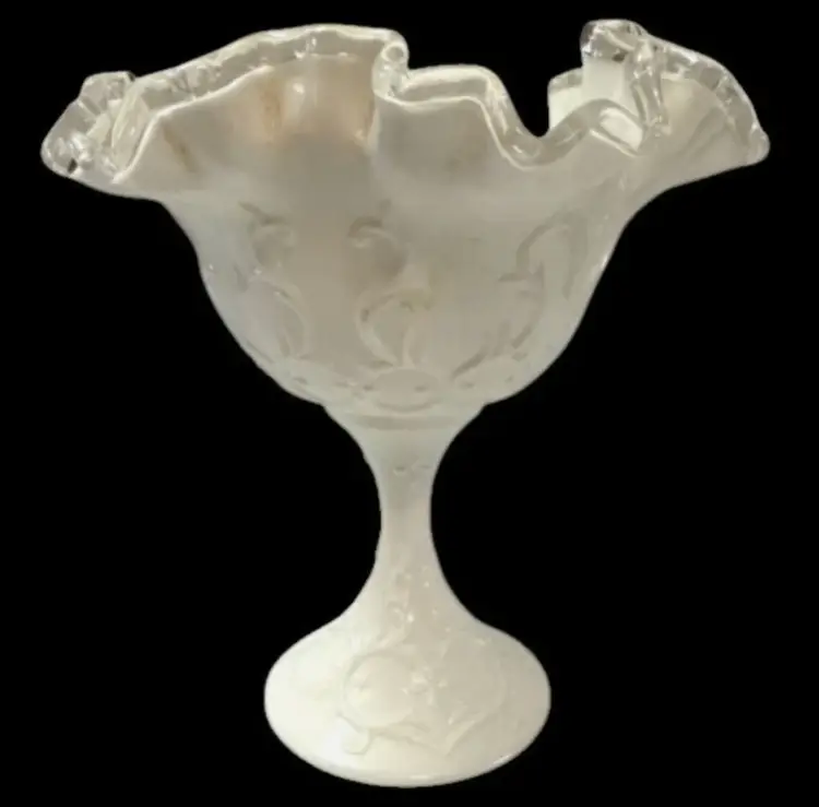 Fenton Spanish Lace White Milk Glass Silver Crest Ruffled Compote Candy Dish