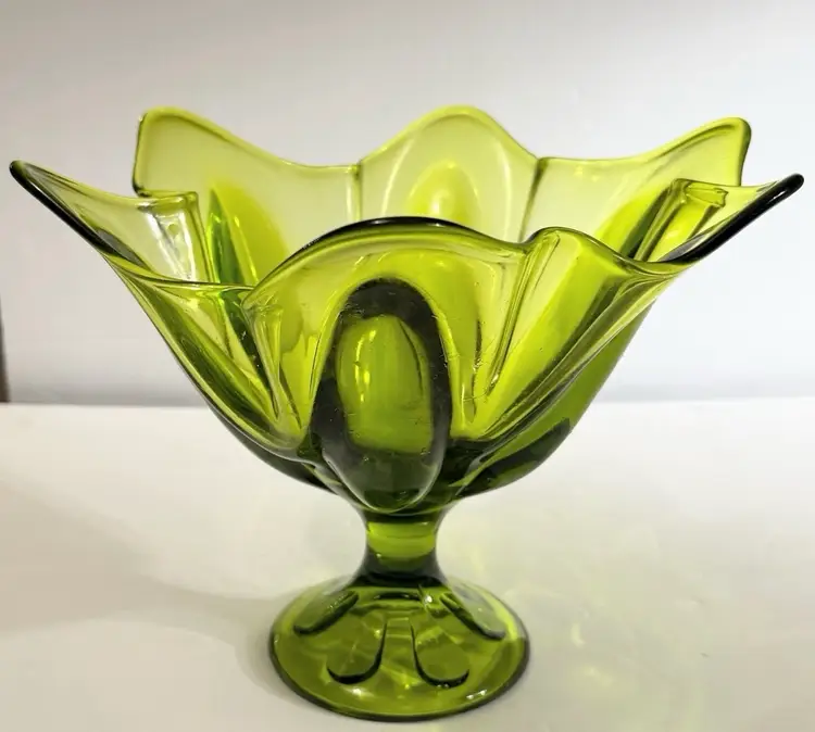 Vintage Viking Olive Green Glass Six Pedestal Vase Compote On Pedestal