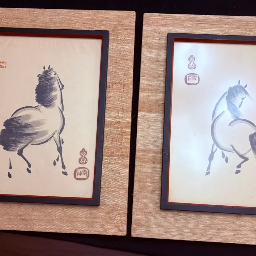 Two Vintage Asian Prints Of Ink Wash Horse Painting Sumi-e Style Minimalist Art
