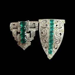 Vintage Art Deco Rhodium Plated Dressy Clips Set of (2) Yellowed Stones As Is