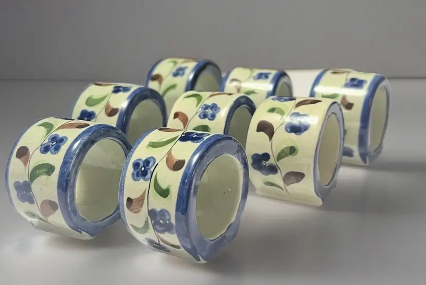 Mexico Signed CAJ Set 8 Napkin Rings Pottery Blue Floral Green Leaves Handmade