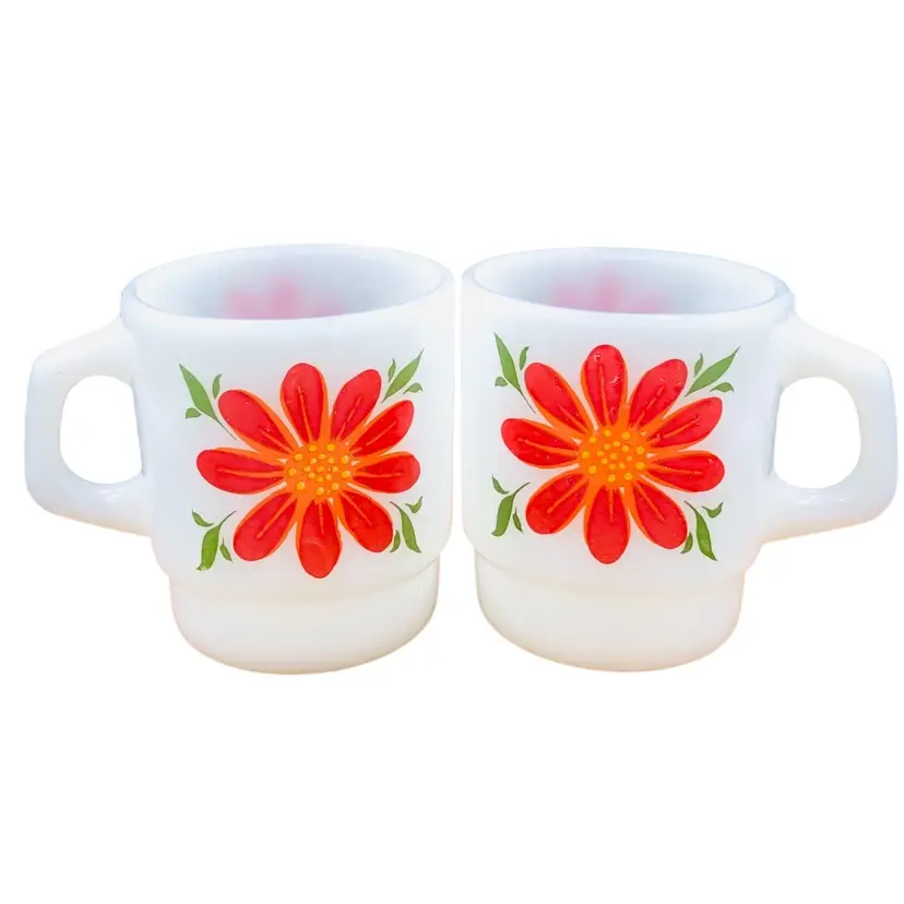 2 Fire King Oven Safe Poppy Milk Glass Coffee Cups