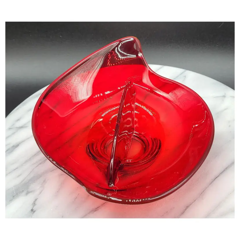 MCM Vintage Dark Ruby Red Viking Glass Divided Bowl. 9" x 6.25" x 3" tall. 1970's