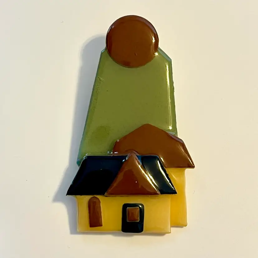 Vtg LUCINDA House Pin Yellow House Scene Green Mountain Lg Sun/Moon Accent 3" H