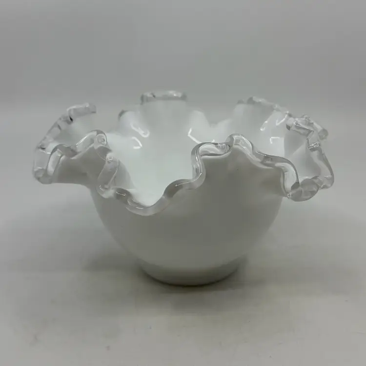 Vintage Mid Century Fenton Glass Silvercrest Candy Dish Bowl Round With Crimped Rim Glossy White Milk Glass Finish And Clear Rim Made In USA