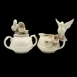 Vintage Mexican Ceramic Sugar Creamer Set 3D Birds on Nest Spaghetti Art Design