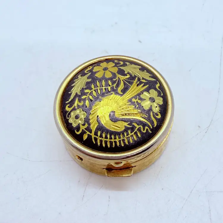 Vintage Gold Tone Round Damascene Bird Flower Trinket Metal Pill Snuff Box