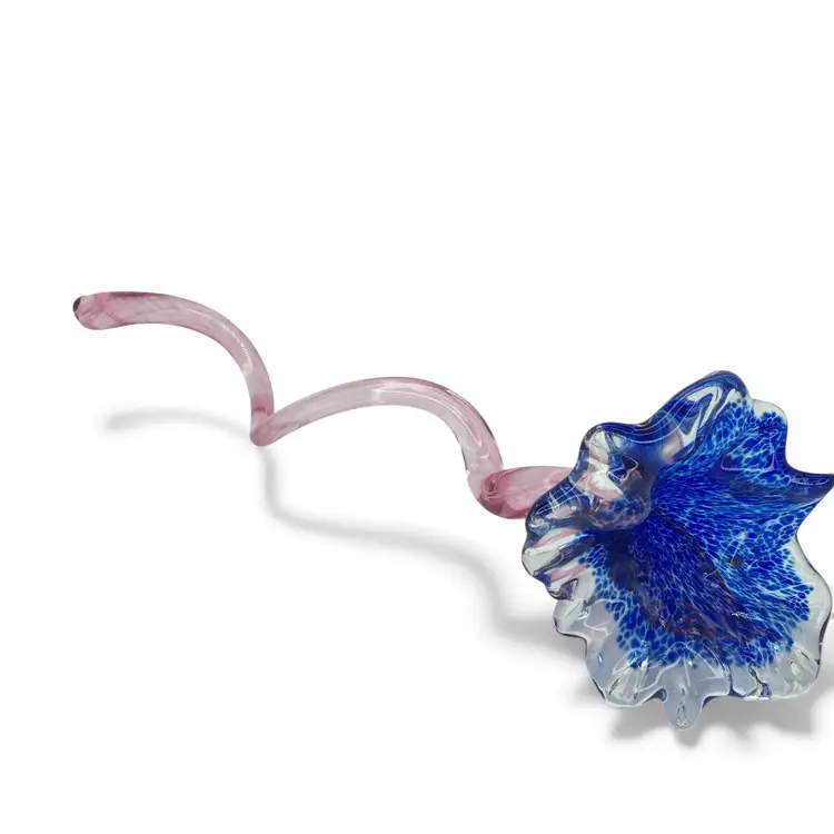 Studio Art Handblown Glass Flower Sculpture With Pink Curl Stem & Blue Bloom 14"