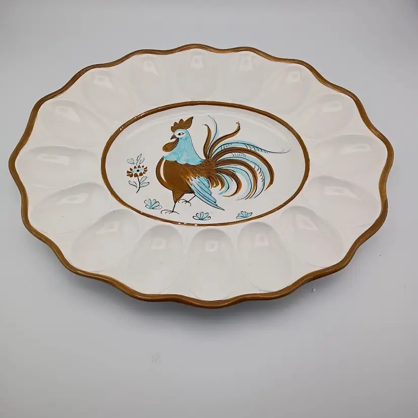 Italian pottery egg dish, handpainted rooster