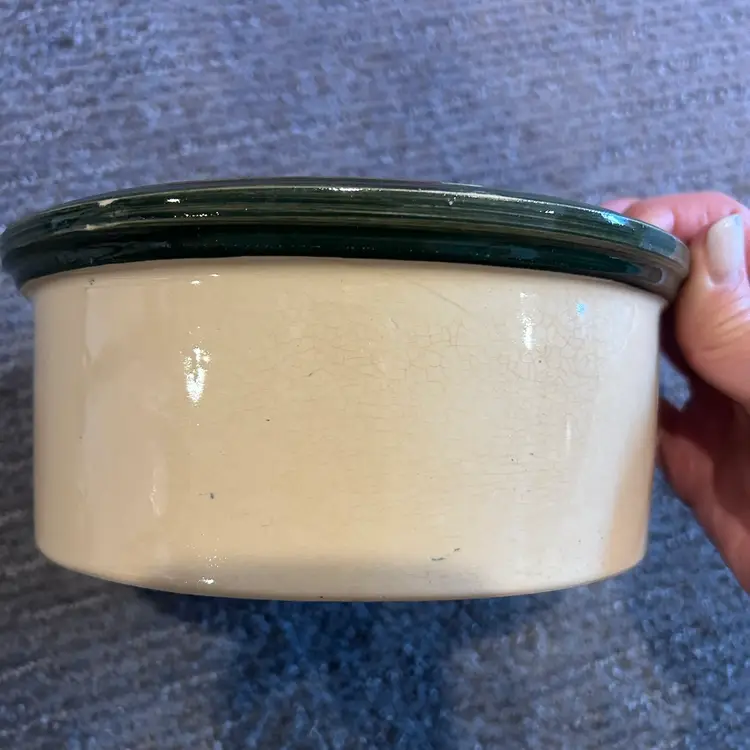 Vintage Beige with Green Rim Round Crock